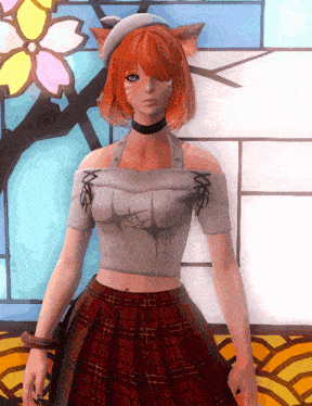 a girl with red hair is wearing a plaid skirt and a crop top