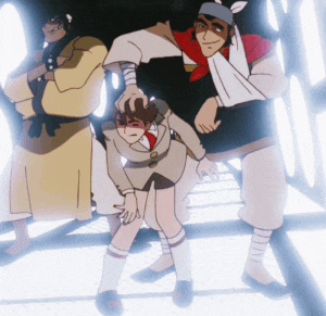 a group of cartoon characters are standing next to each other and one has a bandage on his arm