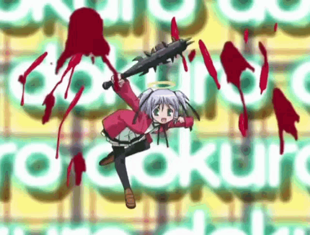 a cartoon girl is holding a bloody bat in front of a wall that says tokokun