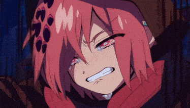 a girl with pink hair is crying with tears running down her face