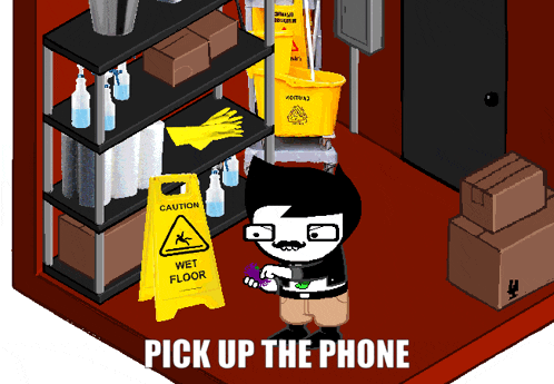 a cartoon character standing in front of a wet floor caution sign