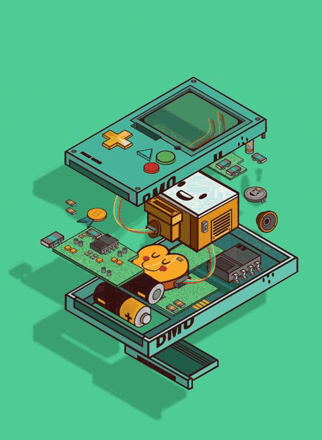 a cartoon illustration of a game console with the word dimio on the bottom