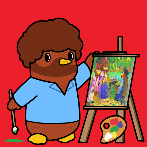 a cartoon of bob ross holding an easel and a painting
