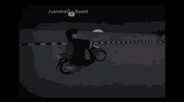 a black and white photo of a person riding a scooter with juandraft guest written above them