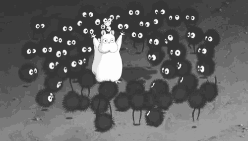 a black and white cartoon of a hamster surrounded by a bunch of small animals with big eyes