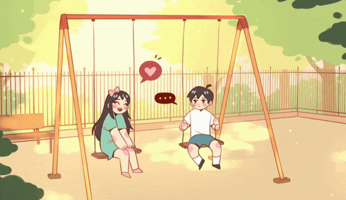 a boy and a girl are sitting on a swing set
