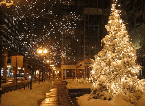 a snow covered christmas tree is lit up in front of a building that says abercrombie & fitch