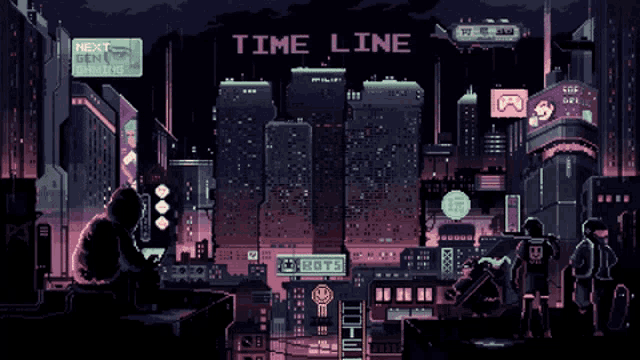 a pixel art of a city with the words time line above