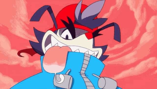 a cartoon character is sticking out his tongue and wearing a blue jacket