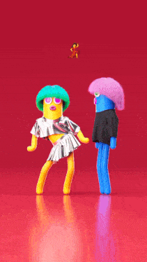 two colorful cartoon characters are dancing on a red background and one has a pig nose
