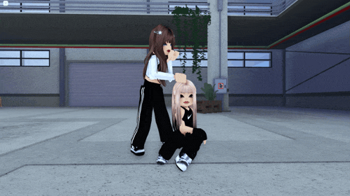 two anime girls are standing next to each other in a warehouse