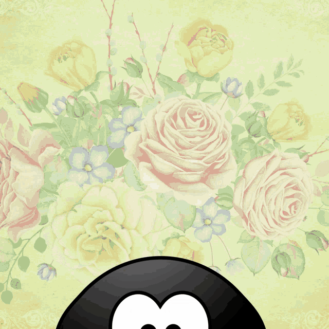 a cartoon penguin holding a heart and a rose