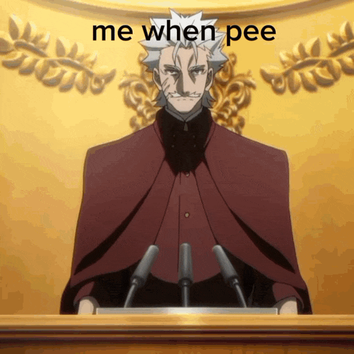 a man stands at a podium with the words me when pee written below him