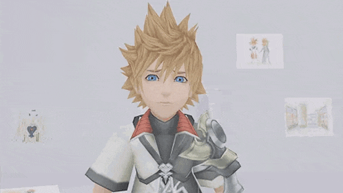 a cartoon character with blonde hair and blue eyes is holding a sword in his hand .