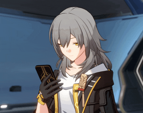 a girl with long grey hair is holding a phone