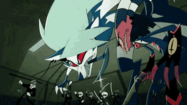 a group of cartoon characters are standing in a dark room and one of them has the number 1 on it