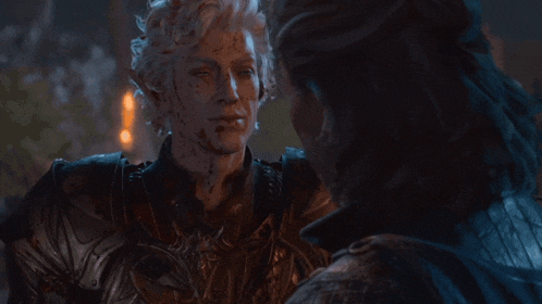 a video game character with blood on his face looks at another character