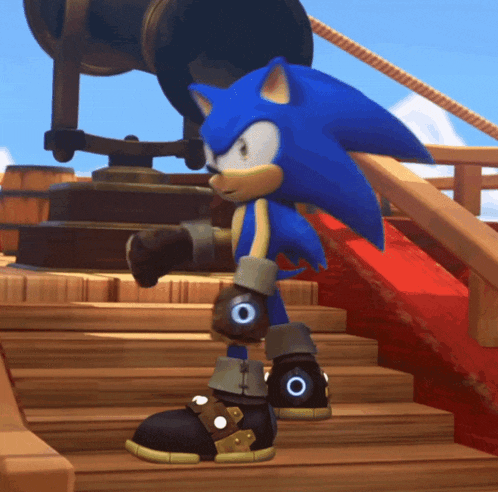 a cartoon character named sonic is standing on a set of stairs