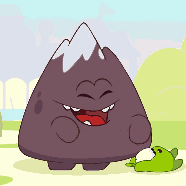 a cartoon drawing of a mountain laughing with a green frog laying on the ground