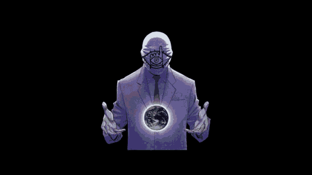 a man in a suit and tie is holding a glowing globe in his hands