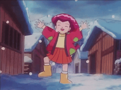 a girl in a red skirt and yellow boots is standing in the snow
