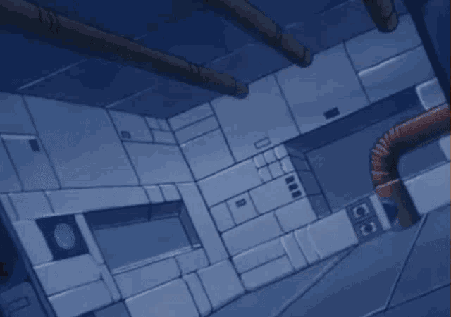 a cartoon drawing of a room with a lot of pipes coming out of it
