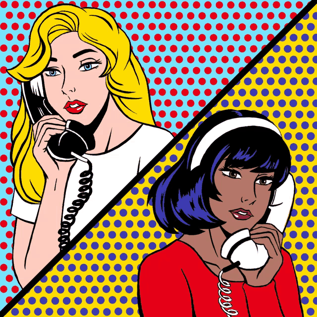 two women are talking on telephones in a pop art style