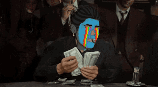 a man with a blue face is crying while holding a pile of money