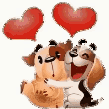 a couple of dogs hugging each other with hearts floating in the air .