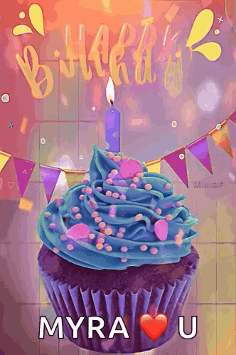 a birthday cupcake with blue frosting and a candle with the name myra u