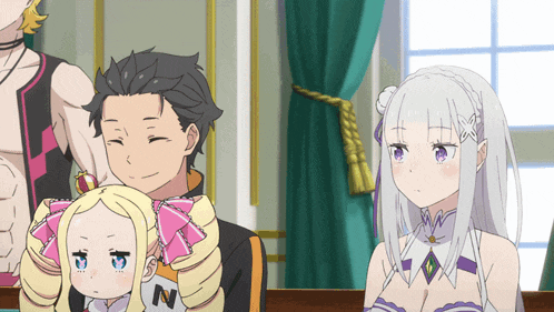 a group of anime characters are gathered in a room and one of them has the letter n on her shirt