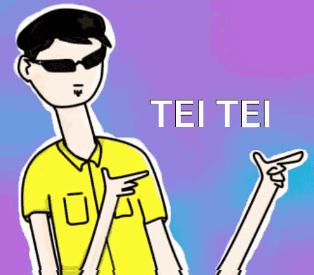 a cartoon drawing of a man pointing with the word tei tei behind him