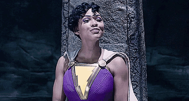 a woman in a purple superhero costume is standing next to a stone wall