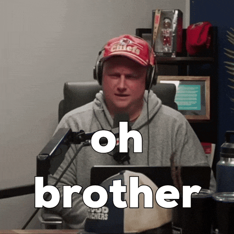 a man wearing a chiefs hat and headphones is saying oh brother