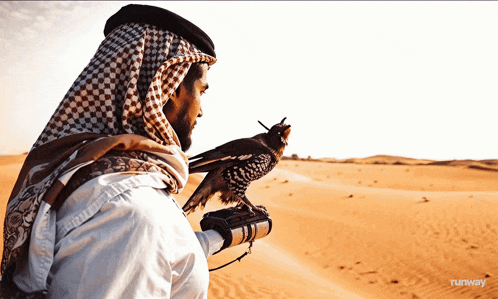 a man holding a bird in his hand with runway written in the corner