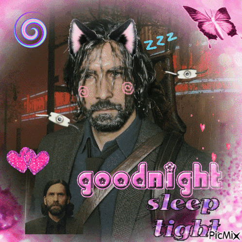 a picture of a man with cat ears says goodnight sleep tight