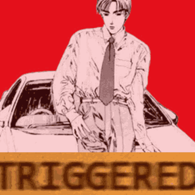 a drawing of a man standing next to a car with the word triggered in the corner