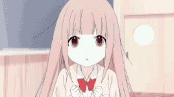 a girl with pink hair and red eyes is wearing a school uniform and a red bow tie .