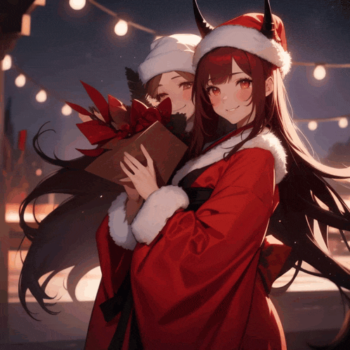 two anime girls wearing santa hats and kimonos holding gifts