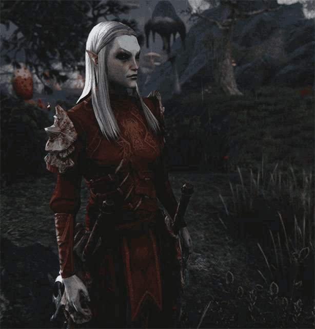 a woman with long white hair stands in a field