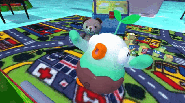 a teddy bear and a stuffed animal are sitting on a carpet with a hospital and a red cross on it