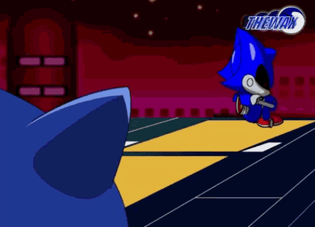 a cartoon of sonic the hedgehog and metal sonic with the word thewax in the upper right corner