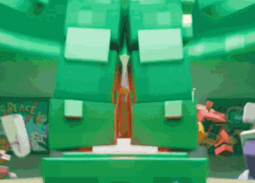 a green robot is standing in front of a bunch of toys in a room .