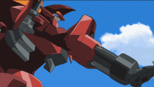 a cartoon drawing of a red robot against a blue sky with clouds