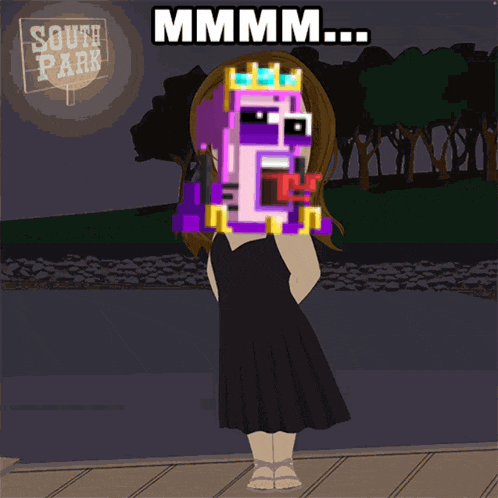 a girl in a black dress stands in front of a sign for south park