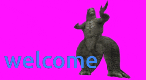 a picture of a dinosaur with the word welcome in blue letters