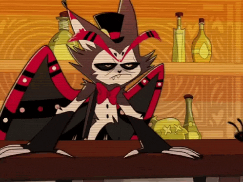 a cartoon character is sitting at a bar with bottles of alcohol behind him .
