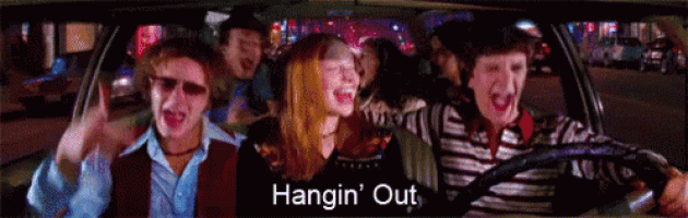 a group of people are singing in a car with the words hangin ' out above them