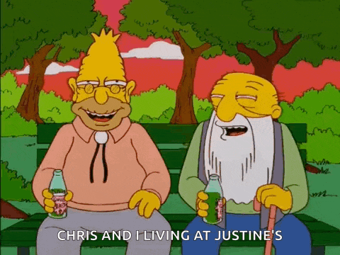 two cartoon characters are sitting on a bench and one of them says chris and i living at justines