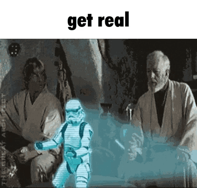 a storm trooper is coming out of a projector screen while two men are sitting next to each other in a room .